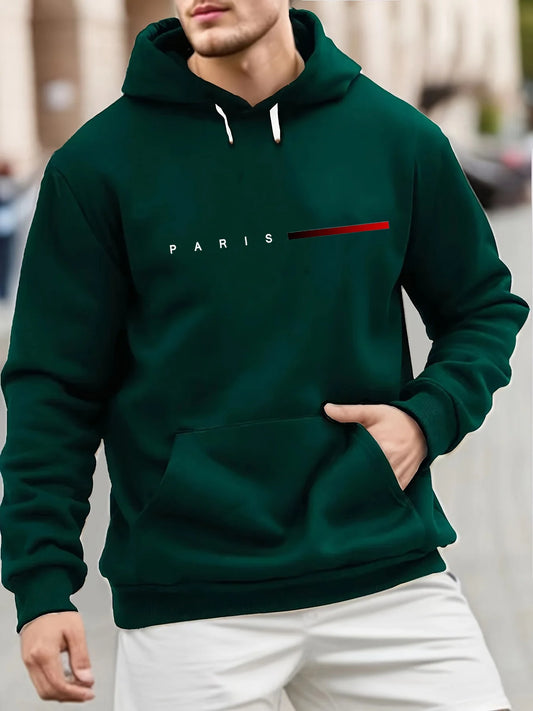 Men's autumn and winter casual fashion loose plus size Paris letter printed fleece warm pullover long sleeved hooded sweatshirt