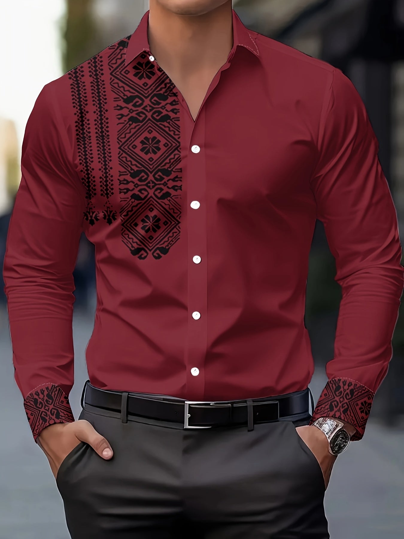 Men's Retro Floral Button-Up Shirt – Black & White Long Sleeve, Breathable Polyester, Regular Fit for Casual & Semi-Formal Looks
