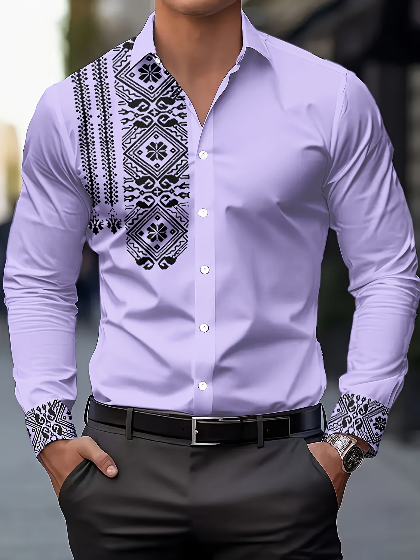 Men's Retro Floral Button-Up Shirt – Black & White Long Sleeve, Breathable Polyester, Regular Fit for Casual & Semi-Formal Looks