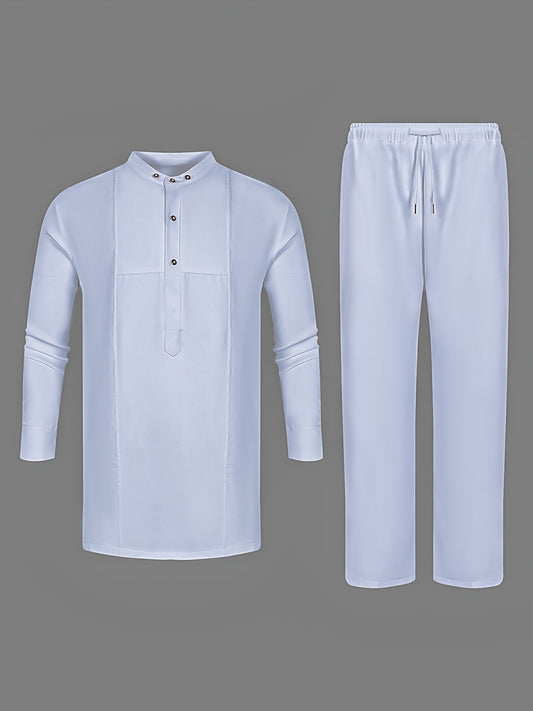 Men'S White Dashiki 2pcs Set, Special Neckline Detail & Tailored Fit, Clean Cut, Long Sleeve Shirt + Easy-Fit Pants, African-Inspired Style For Streetwear, Weddings & Cultural Events