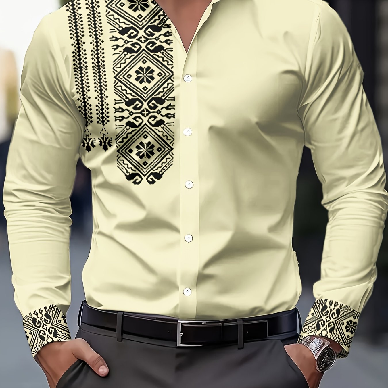 Men's Retro Floral Button-Up Shirt – Black & White Long Sleeve, Breathable Polyester, Regular Fit for Casual & Semi-Formal Looks