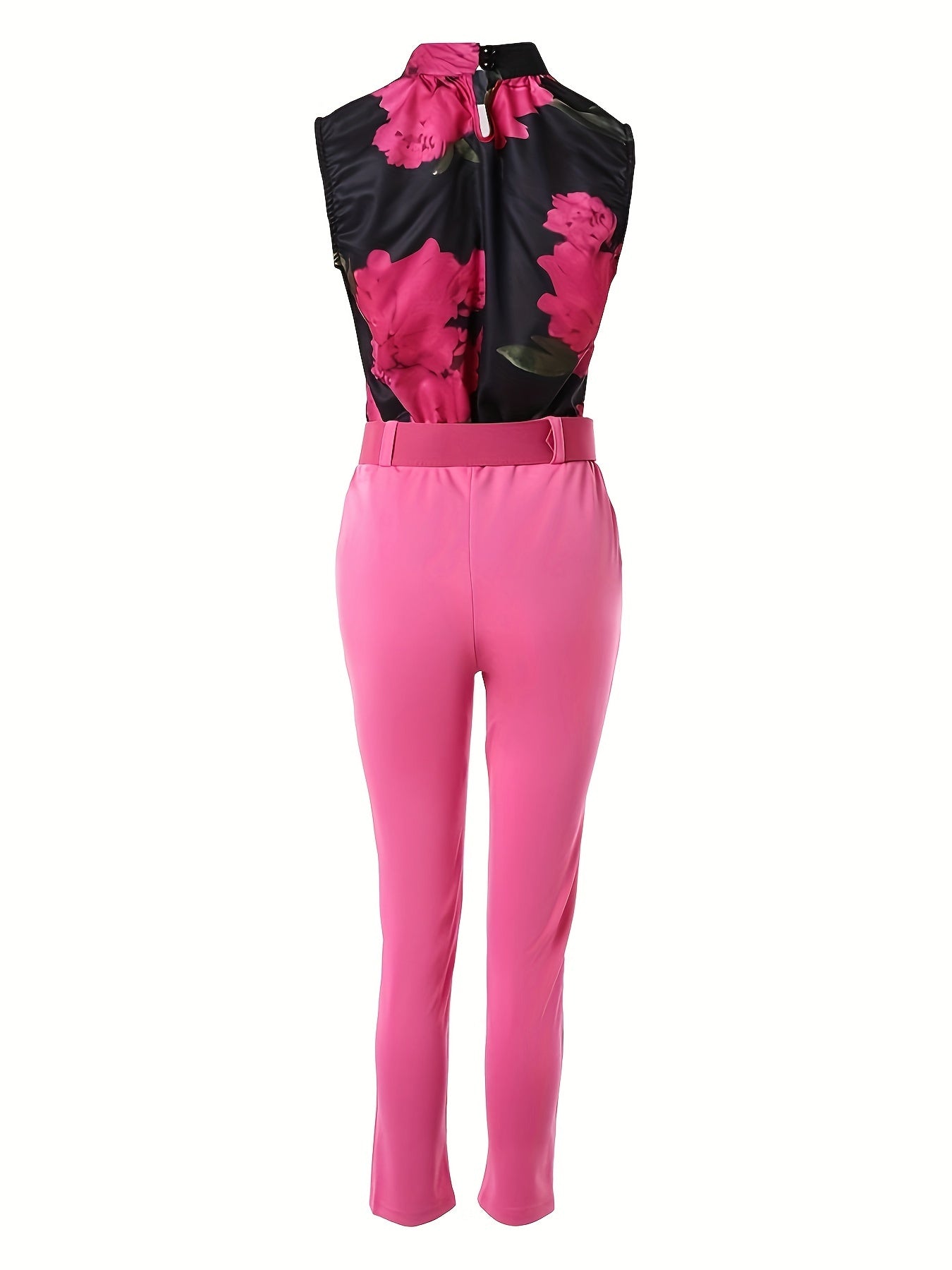 "Elegant Floral Polyester Blouse & Pants Set – High Neck, Lightweight, Perfect for Spring/Summer"