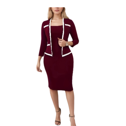 Conjunto de Dos Piezas - Elegante Chaqueta Cardigan Sólida y Vestido Ajustado para Oficina y Trabajo, Ropa Casual Femenina para Comodidad Diaria