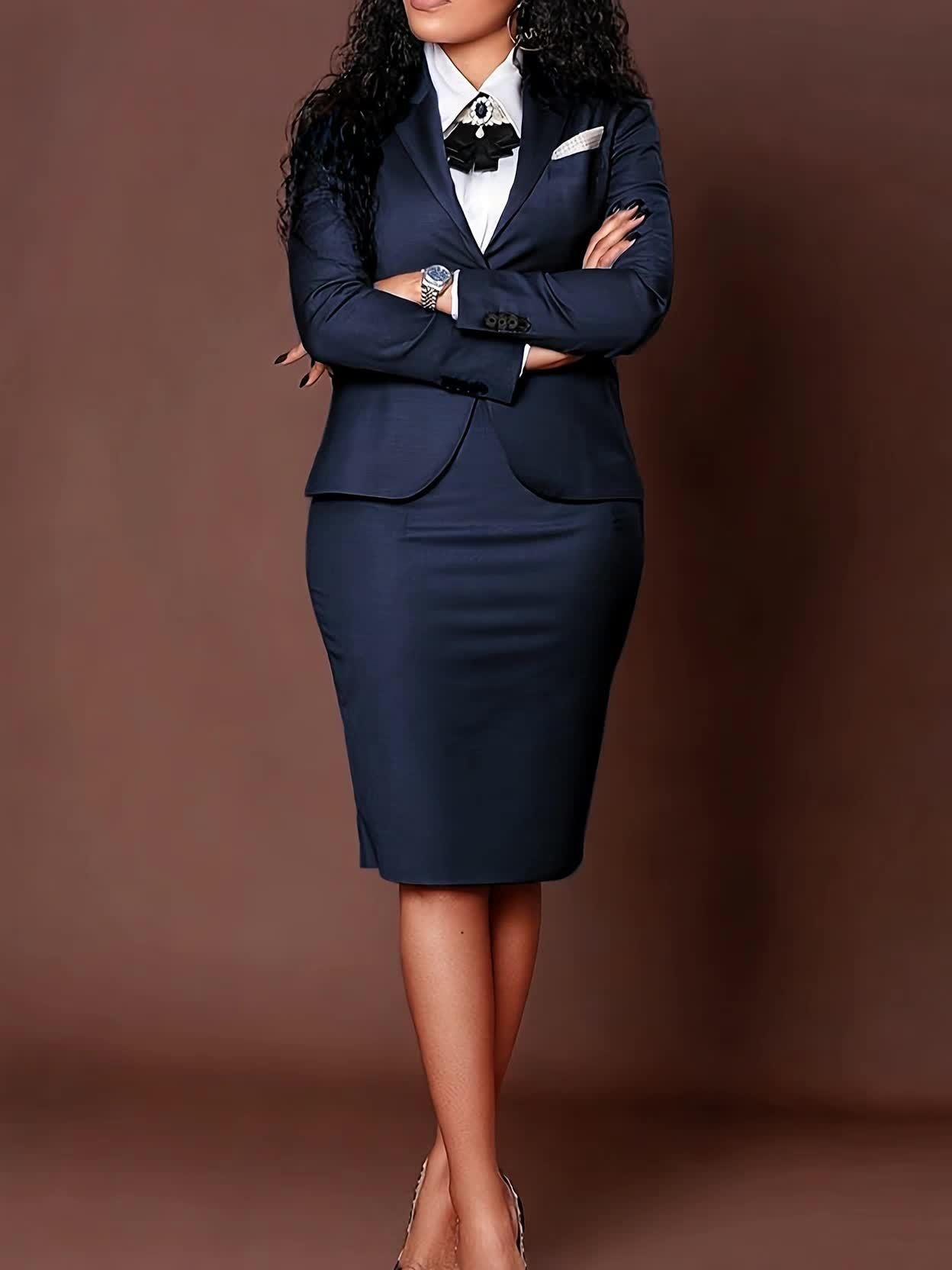 Women's Formal Skirt Suit with Blazer and Bow Tie – Sophisticated Dress Set  Classic Office Suit Set – Tailored Jacket & Pencil Skirt with Bow Tie Accent