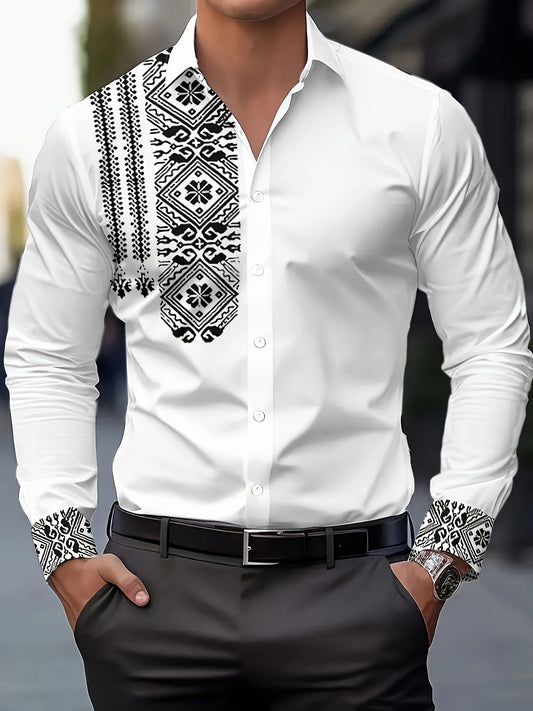 Men's Retro Floral Button-Up Shirt – Black & White Long Sleeve, Breathable Polyester, Regular Fit for Casual & Semi-Formal Looks