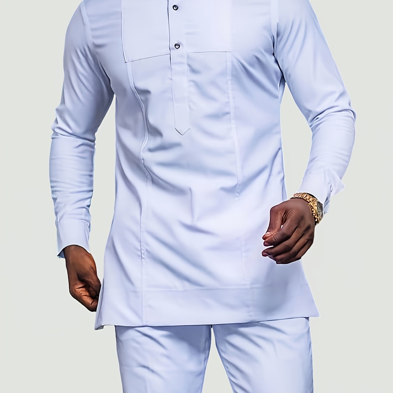 Men'S White Dashiki 2pcs Set, Special Neckline Detail & Tailored Fit, Clean Cut, Long Sleeve Shirt + Easy-Fit Pants, African-Inspired Style For Streetwear, Weddings & Cultural Events