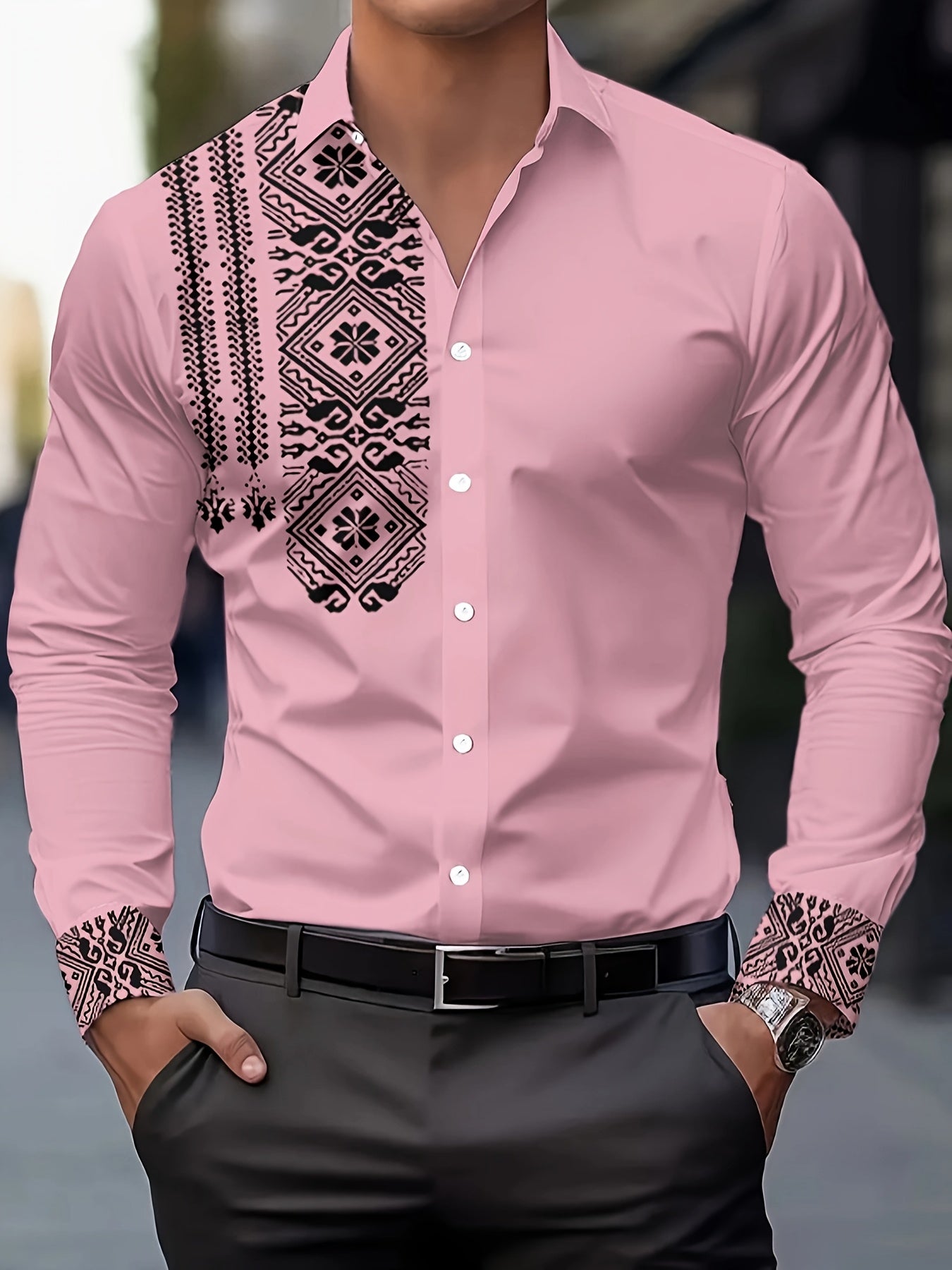Men's Retro Floral Button-Up Shirt – Black & White Long Sleeve, Breathable Polyester, Regular Fit for Casual & Semi-Formal Looks