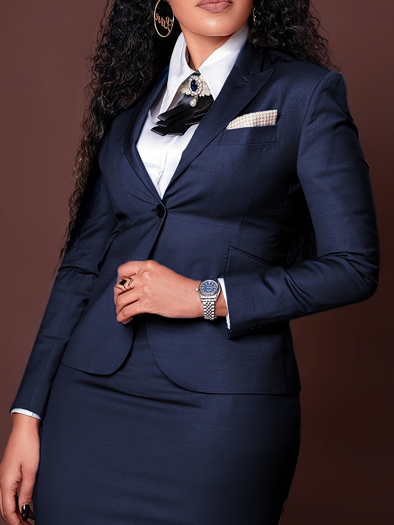 Women's Formal Skirt Suit with Blazer and Bow Tie – Sophisticated Dress Set  Classic Office Suit Set – Tailored Jacket & Pencil Skirt with Bow Tie Accent