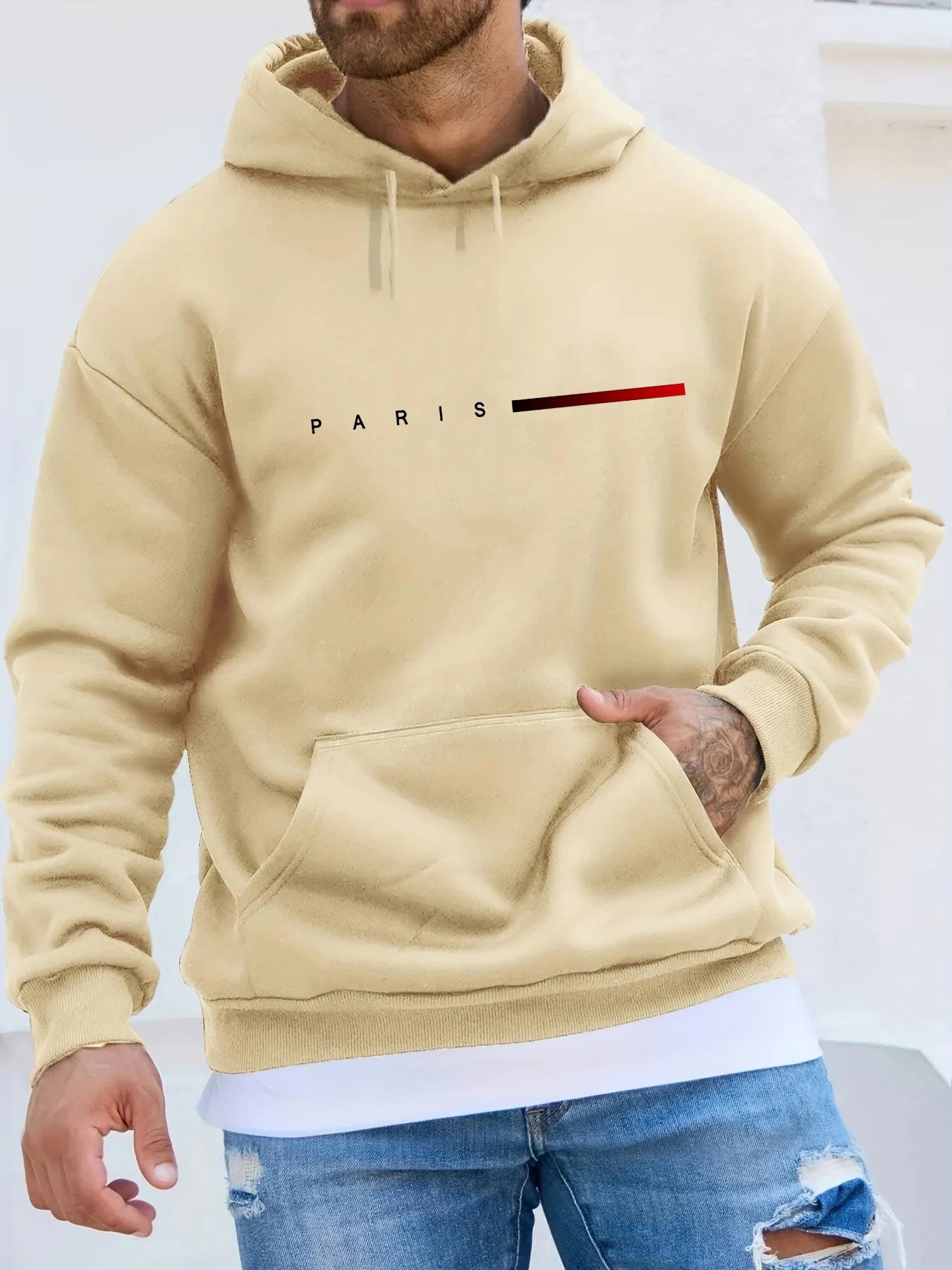 Men's autumn and winter casual fashion loose plus size Paris letter printed fleece warm pullover long sleeved hooded sweatshirt