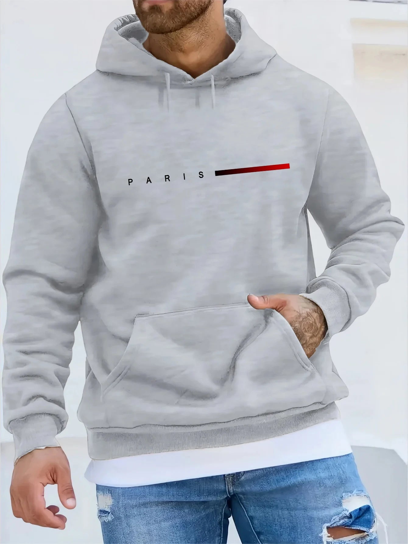Men's autumn and winter casual fashion loose plus size Paris letter printed fleece warm pullover long sleeved hooded sweatshirt