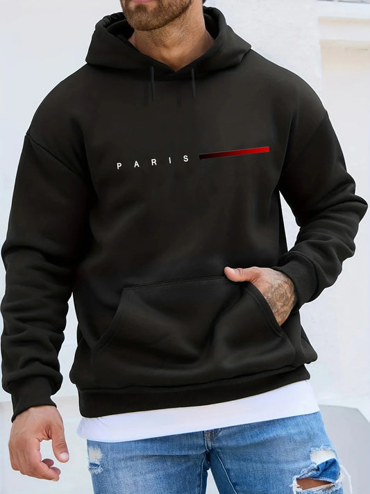 Men's autumn and winter casual fashion loose plus size Paris letter printed fleece warm pullover long sleeved hooded sweatshirt