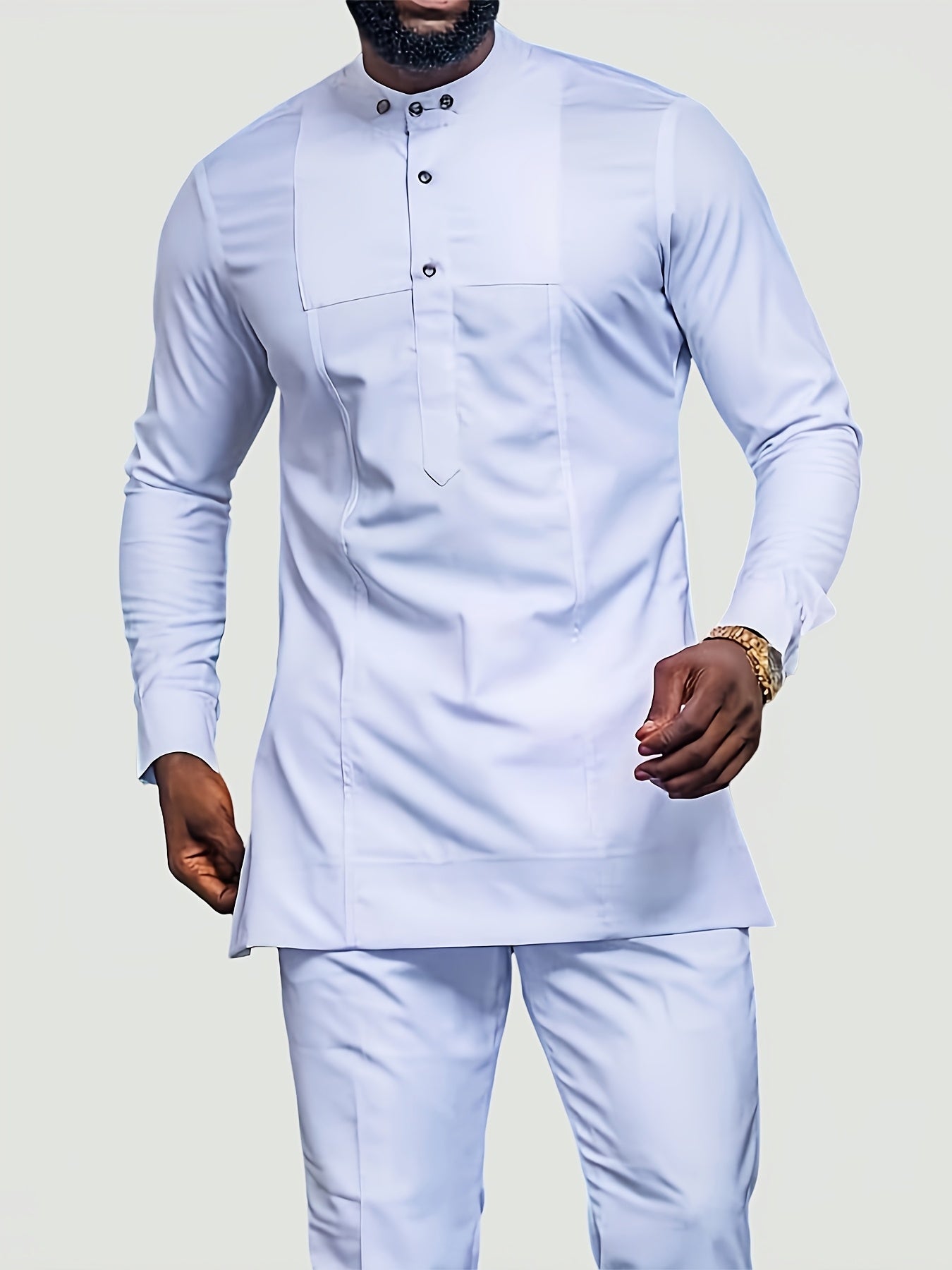 Men'S White Dashiki 2pcs Set, Special Neckline Detail & Tailored Fit, Clean Cut, Long Sleeve Shirt + Easy-Fit Pants, African-Inspired Style For Streetwear, Weddings & Cultural Events
