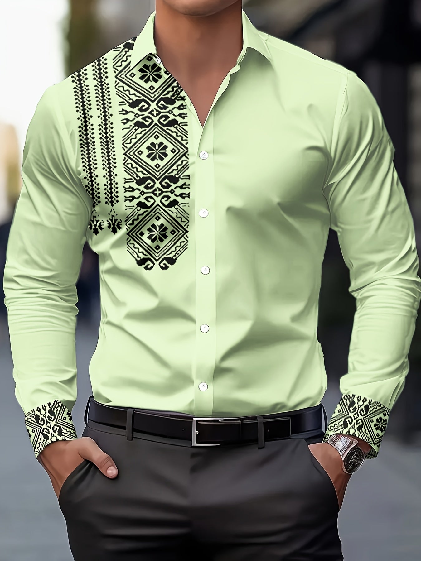 Men's Retro Floral Button-Up Shirt – Black & White Long Sleeve, Breathable Polyester, Regular Fit for Casual & Semi-Formal Looks