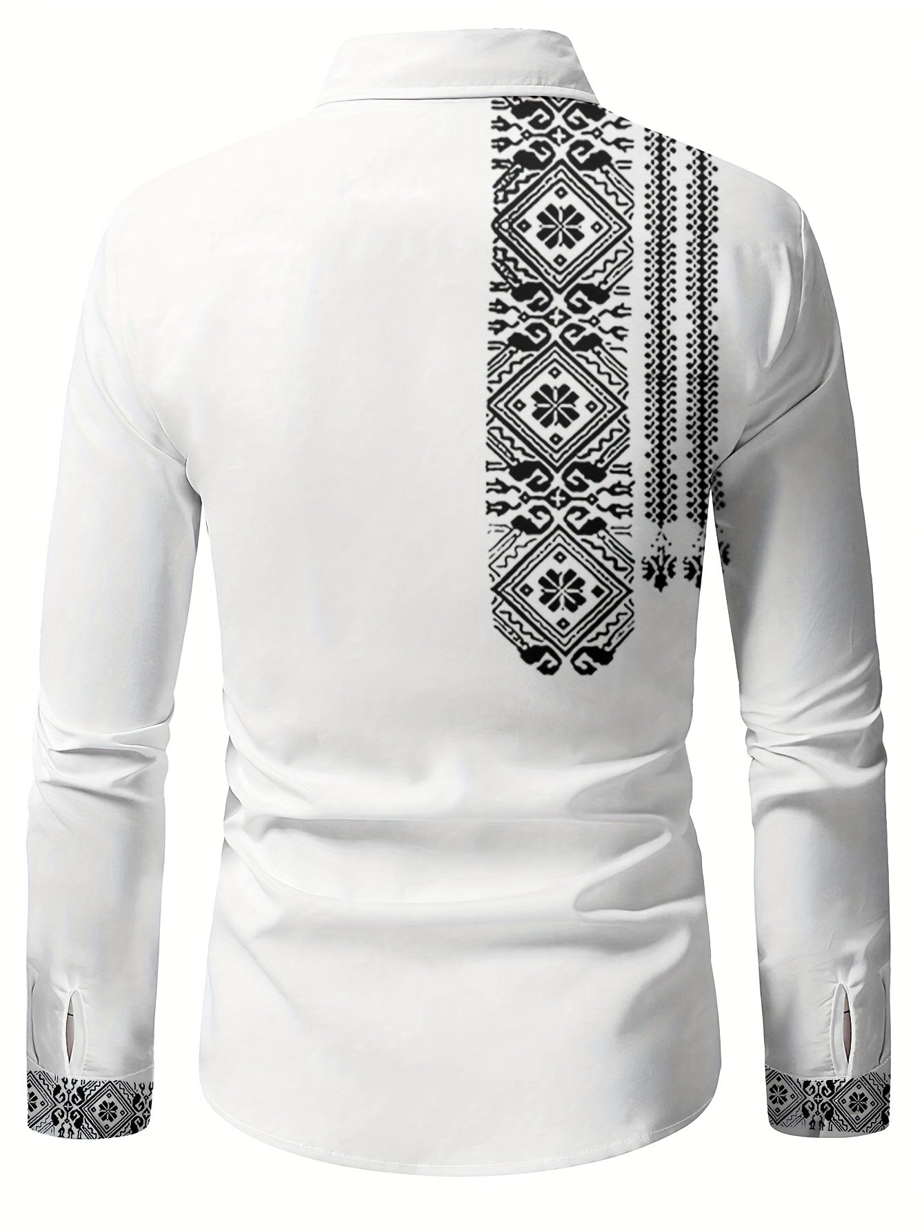 Men's Retro Floral Button-Up Shirt – Black & White Long Sleeve, Breathable Polyester, Regular Fit for Casual & Semi-Formal Looks