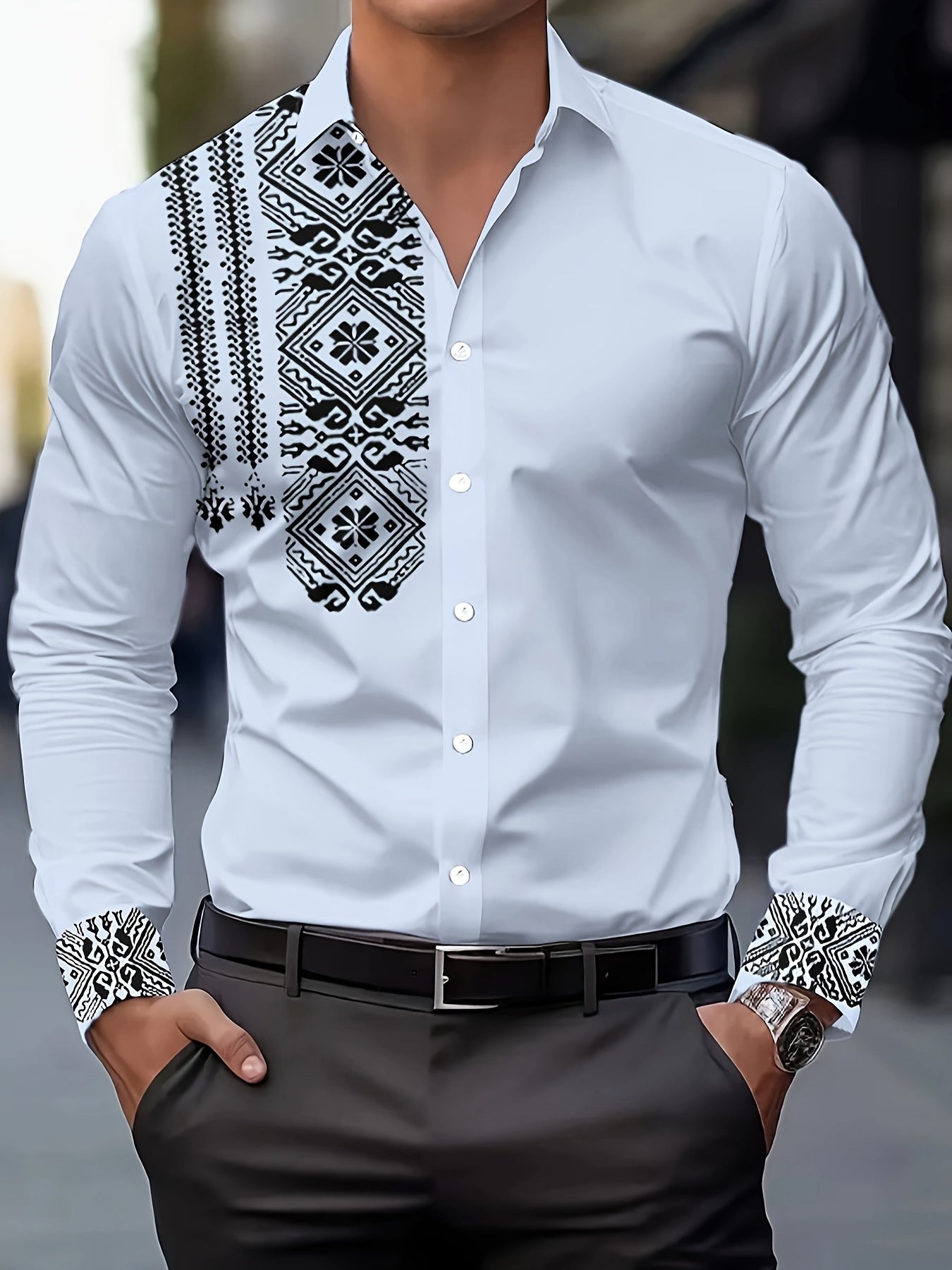 Men's Retro Floral Button-Up Shirt – Black & White Long Sleeve, Breathable Polyester, Regular Fit for Casual & Semi-Formal Looks