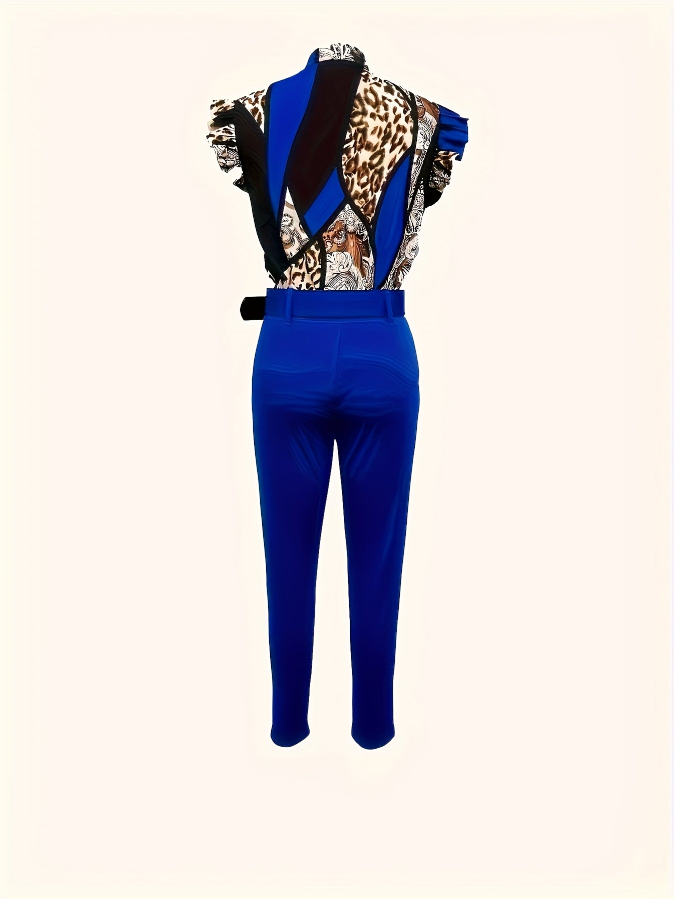 Women's Leopard Print V-Neck Blouse & Blue Skinny Pants Set - Casual Short Sleeve Top with Ruffle Detail, High-Waisted Wide-Leg Pants, Perfect for Spring/Summer, Casual Attire|Vneck Blouse|Ruffle Detail to