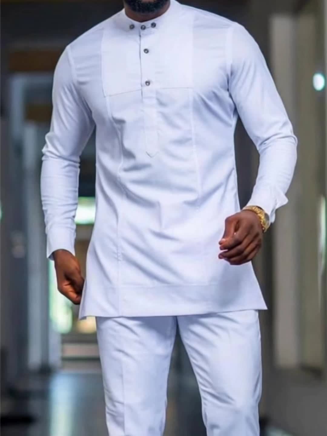 Men'S White Dashiki 2pcs Set, Special Neckline Detail & Tailored Fit, Clean Cut, Long Sleeve Shirt + Easy-Fit Pants, African-Inspired Style For Streetwear, Weddings & Cultural Events