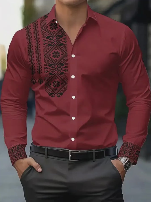 Men's Retro Floral Button-Up Shirt – Black & White Long Sleeve, Breathable Polyester, Regular Fit for Casual & Semi-Formal Looks