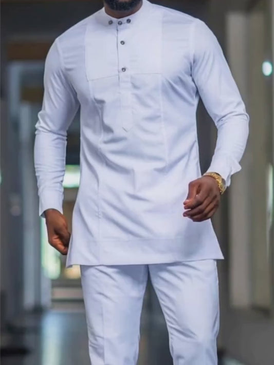 Men'S White Dashiki 2pcs Set, Special Neckline Detail & Tailored Fit, Clean Cut, Long Sleeve Shirt + Easy-Fit Pants, African-Inspired Style For Streetwear, Weddings & Cultural Events